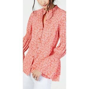 Michael Kors White/Coral Bell-Sleeve Blouse Top S‎
